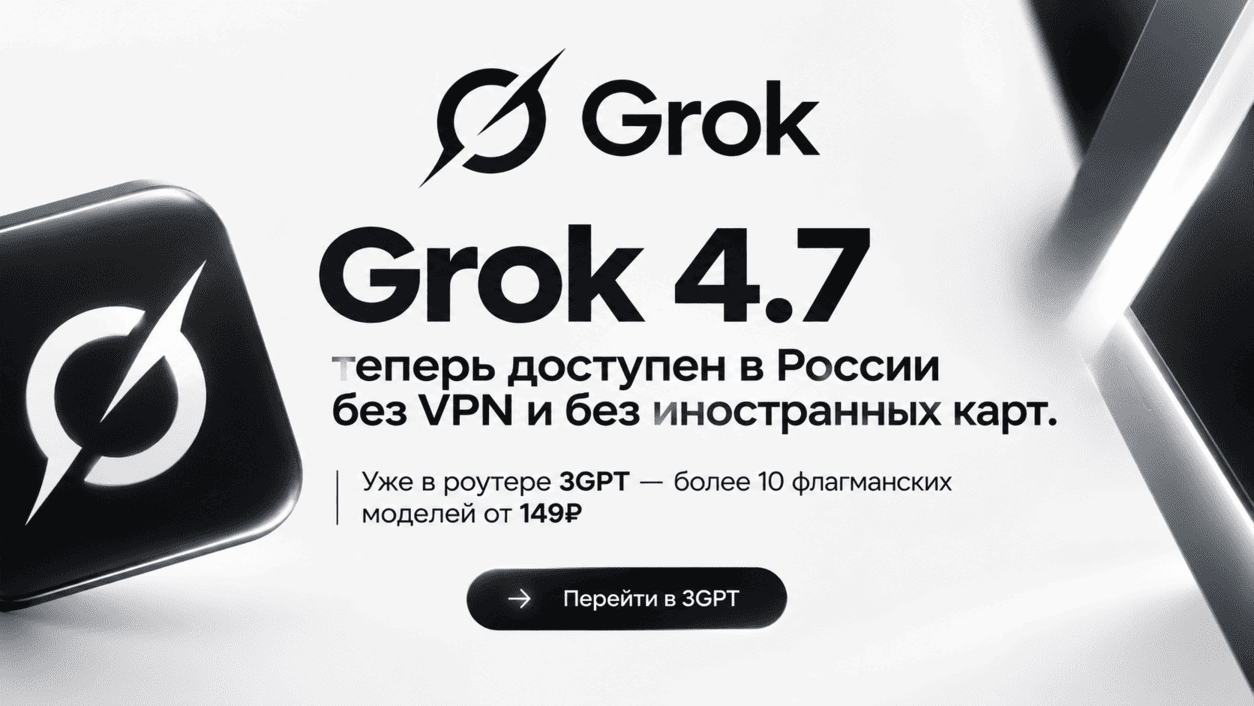 Grok 4.7 теперь доступен в России без VPN и без иностранных карт. Уже в роутере 3GPT - более 10 флагманских моделей от 149₽